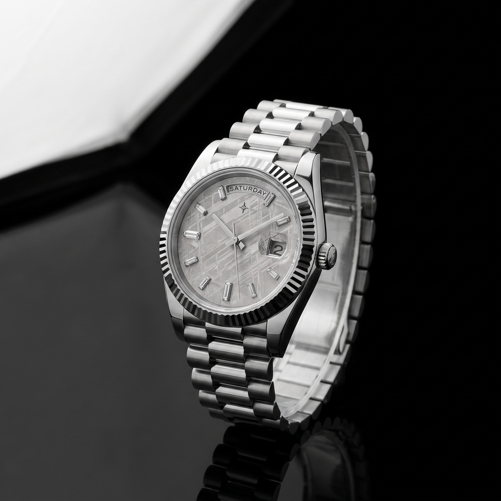Umbraux Date 236 40mm Platinum Meteorite studio shot